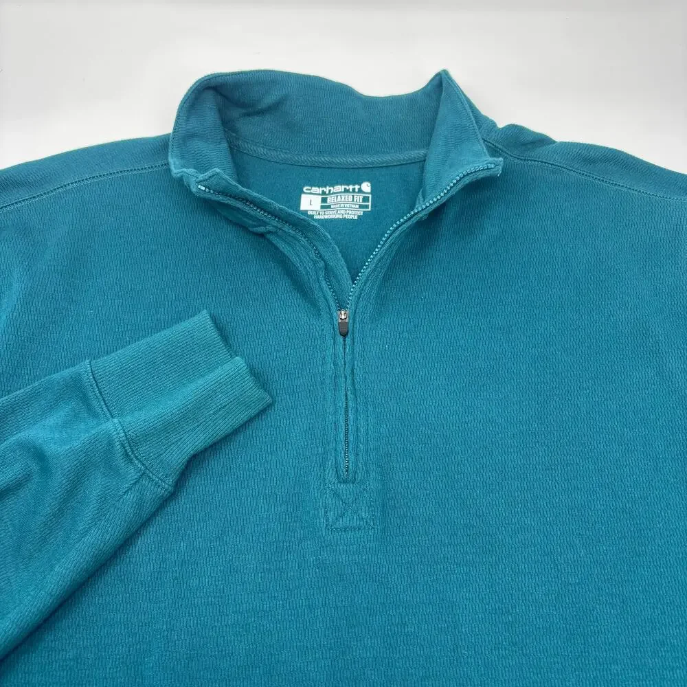 Carhartt Mens Large Green 1/4 Zip Relaxed Fit Long Sleeve Pullover Pouch Sweater